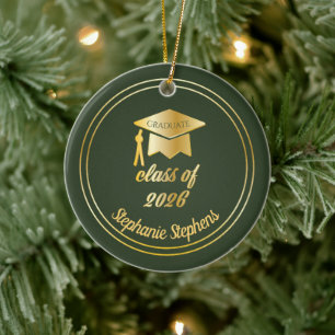 Green Gold Graduate Cap Graduation 2024 Photo Ceramic Tree Decoration