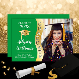 Green   Gold Graduate Wave Grad Cap Photo Announcement