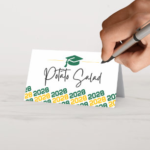 Green & Gold Graduation Cap Folding Label, Food or Place Card