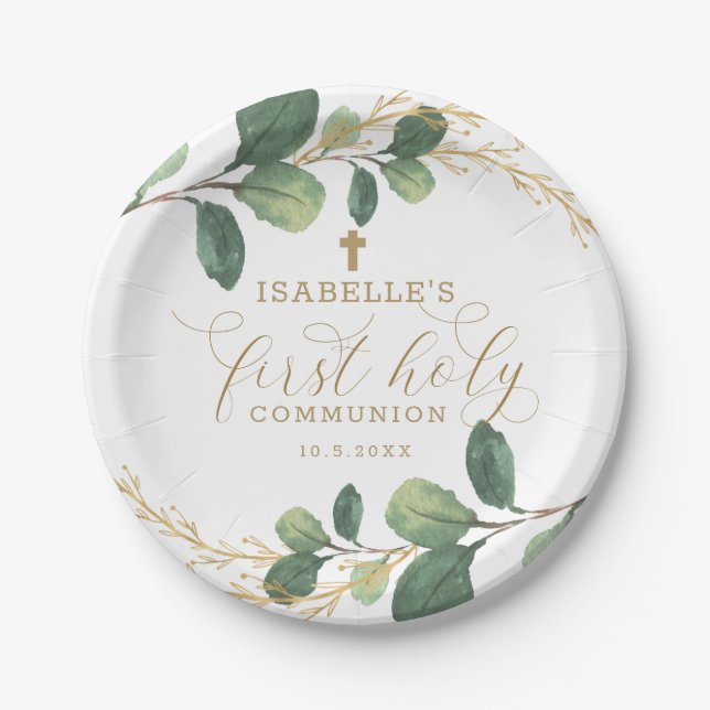 Green Gold Greenery Botanical First Holy Communion Paper Plate (Front)