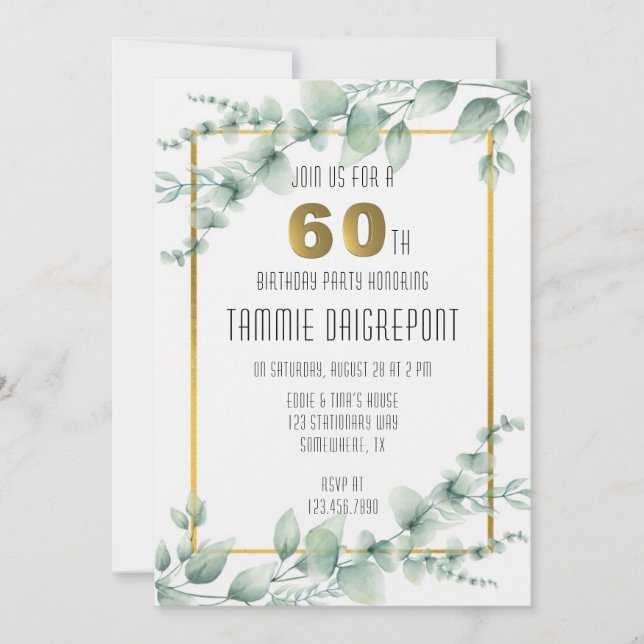 Green Gold Greenery Eucalyptus 60th Birthday Party Invitation (Front)
