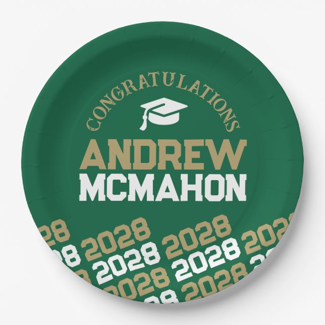 Green & Gold Half Repeat Grad Personalised Paper Plate (Front)