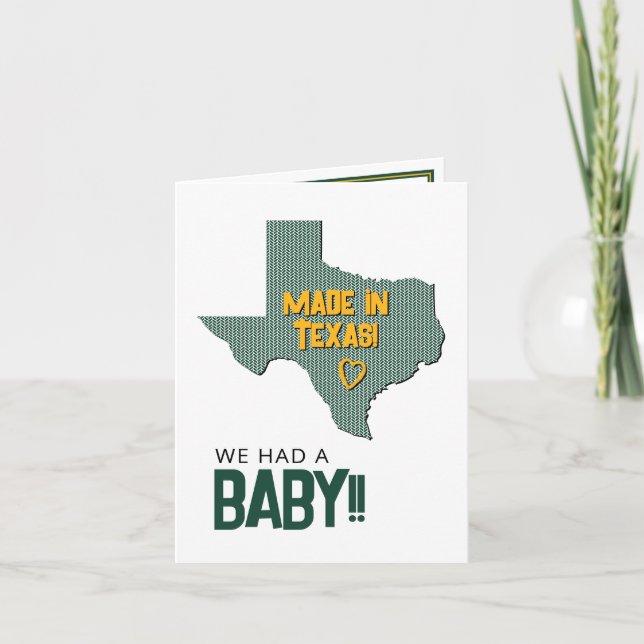 Green/Gold Herringbone Made in Texas Photo Baby Announcement (Front)