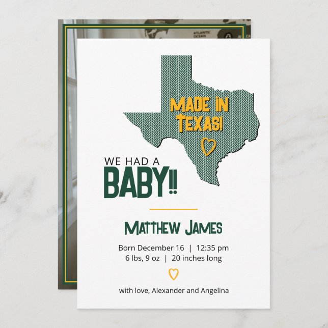 Green/Gold Herringbone Made in Texas Photo Baby Announcement (Front/Back)