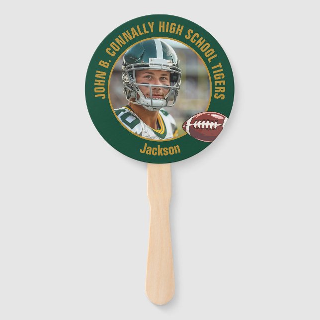 Green Gold High School Football Player Photo Hand Fan (Front)