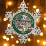 Green Gold High School Football Player Photo Snowflake Pewter Christmas Ornament<br><div class="desc">This cool customized high school football player photo Christmas ornament in green features gold typography of your team and player name. Personalize with your athlete name next to the ball.</div>
