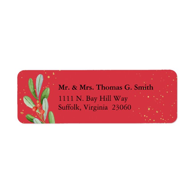 Green + Gold Holiday Botanical Return Address Labe (Front)