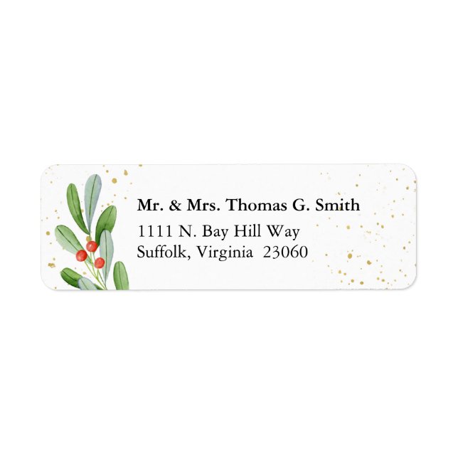 Green + Gold Holiday Botanical Return Address Labe (Front)
