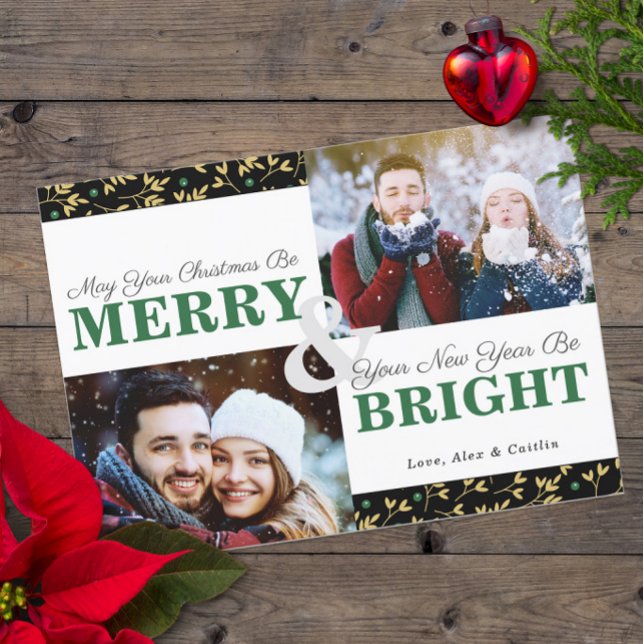Green & Gold Holiday Greenery Pattern 2-Photo Card (Green and Gold Merry & Bright Holiday Cards with 2 Photos (Non-Denominational; Dated))