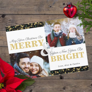 Green & Gold Holiday Greenery Pattern 2-Photo Card
