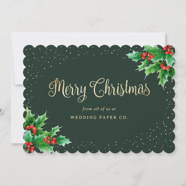 Green Gold Holly Berries Business Christmas Cards (Front)