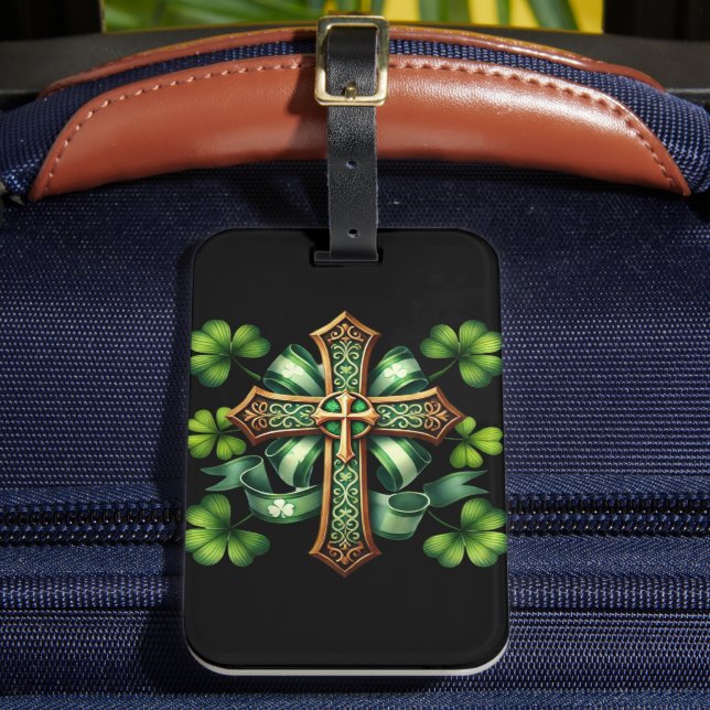 GREEN & GOLD IRISH CELTIC CROSS & RIBBONS LUGGAGE TAG (Front Insitu 2)