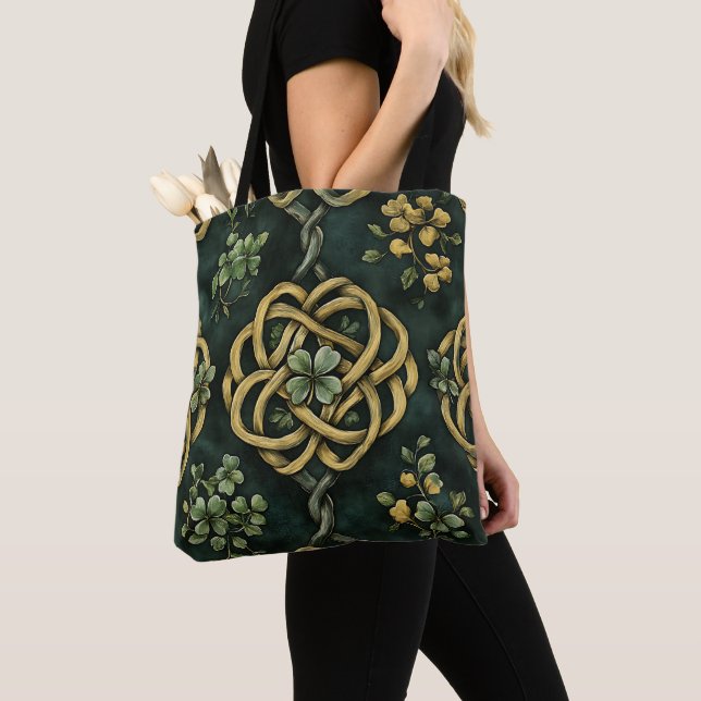 GREEN & GOLD IRISH CELTIC KNOT PATTERNS TOTE BAG (Close Up)