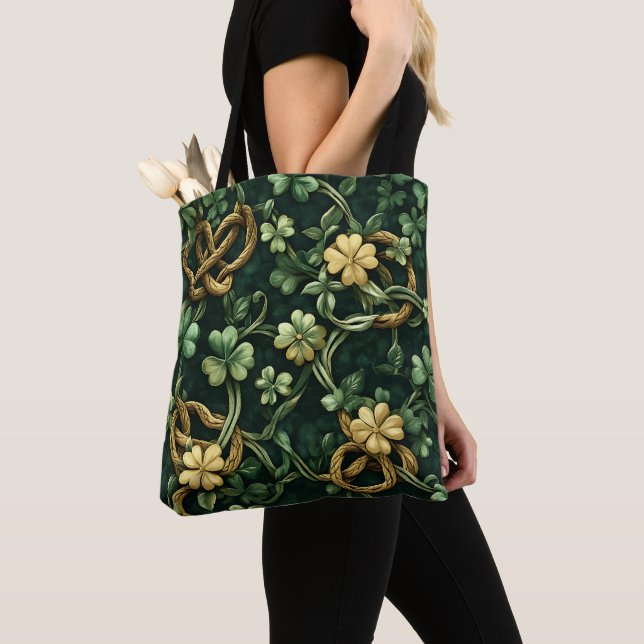 GREEN & GOLD IRISH CELTIC KNOT PATTERNS TOTE BAG (Close Up)