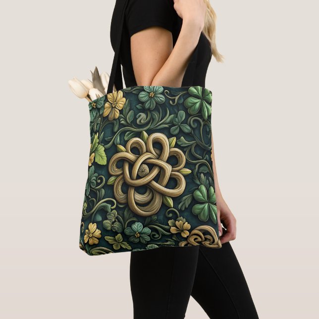 GREEN & GOLD IRISH CELTIC KNOT PATTERNS TOTE BAG (Close Up)