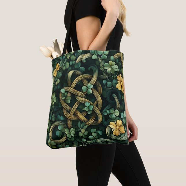 GREEN & GOLD IRISH CELTIC KNOT PATTERNS TOTE BAG (Close Up)