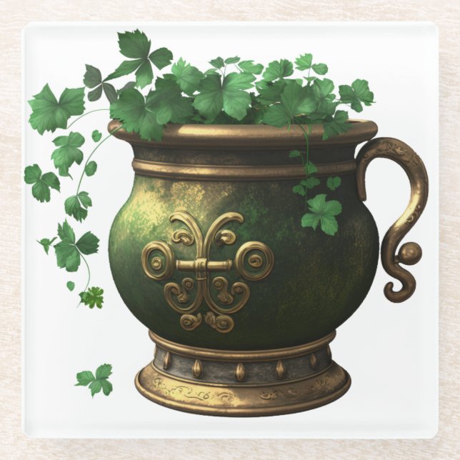 GREEN & GOLD IRISH POT OF SHAMROCKS & VINES GLASS COASTER (Front)