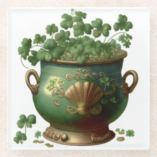 GREEN & GOLD IRISH POT OF SHAMROCKS & VINES GLASS COASTER