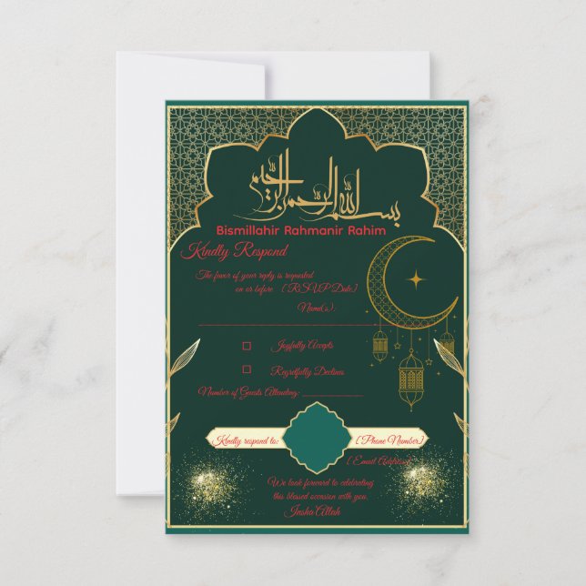 Green & Gold Islamic Wedding Response Card (Front)