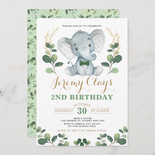 Green Gold Jungle Baby Elephant 2nd Birthday Invitation (Front/Back)