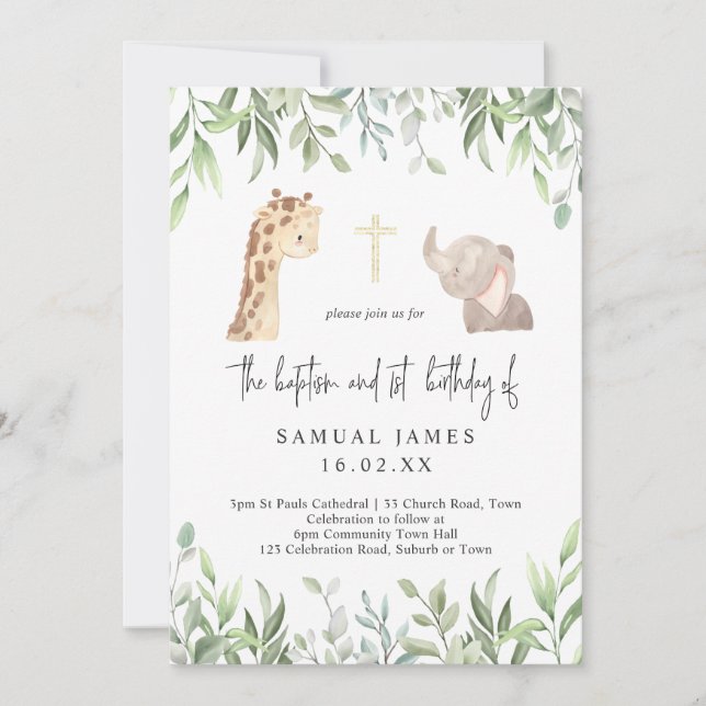 Green & Gold Jungle Baptism & 1st Birthday Invitation (Front)