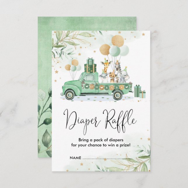 Green Gold Jungle Safari Animals Diaper Raffle Enclosure Card (Front/Back)
