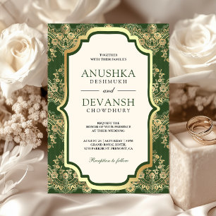 Green Gold Lace Indian Wedding Invitation