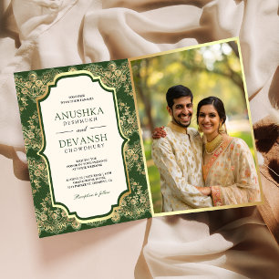 Green Gold Lace QR Code Photo Indian Wedding Invitation