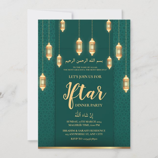 GREEN GOLD LANTERN RAMADAN IFTAR DINNER PARTY INVITATION (Front)