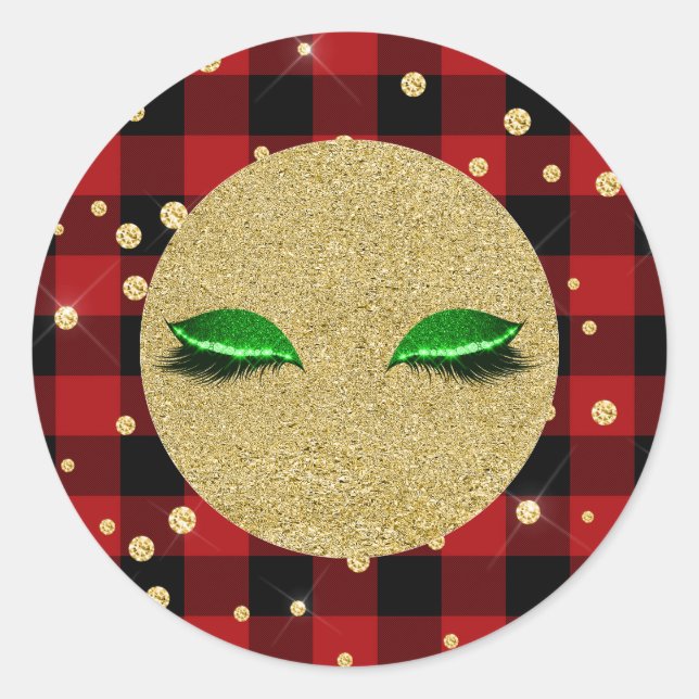 Green Gold Lashes Holiday Red Buffalo Plaid Classic Round Sticker (Front)