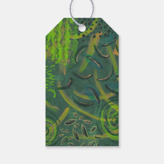 Green Gold Leaf Abstract Painting Gift Tag (Front)