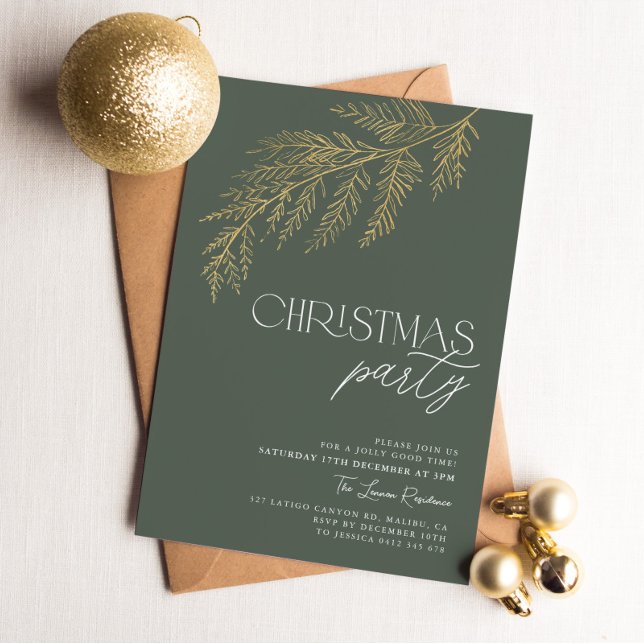 Green Gold Leaf Modern Christmas Party Holiday Invitation (Green and Gold Christmas Party Invitation)