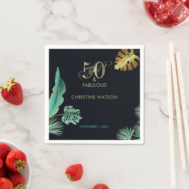 Green Gold Leaves 50 and Fabulous Birthday Party Napkin (Insitu)