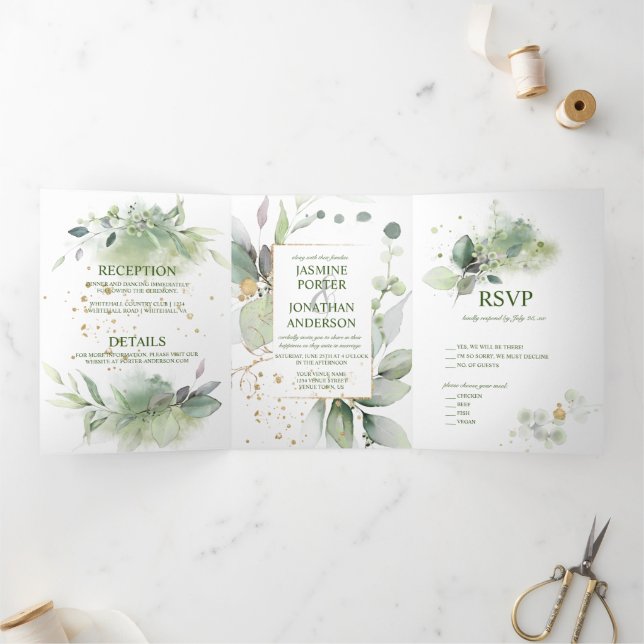 Green & Gold Leaves Botanical Wedding | Tri-Fold Invitation (Inside)