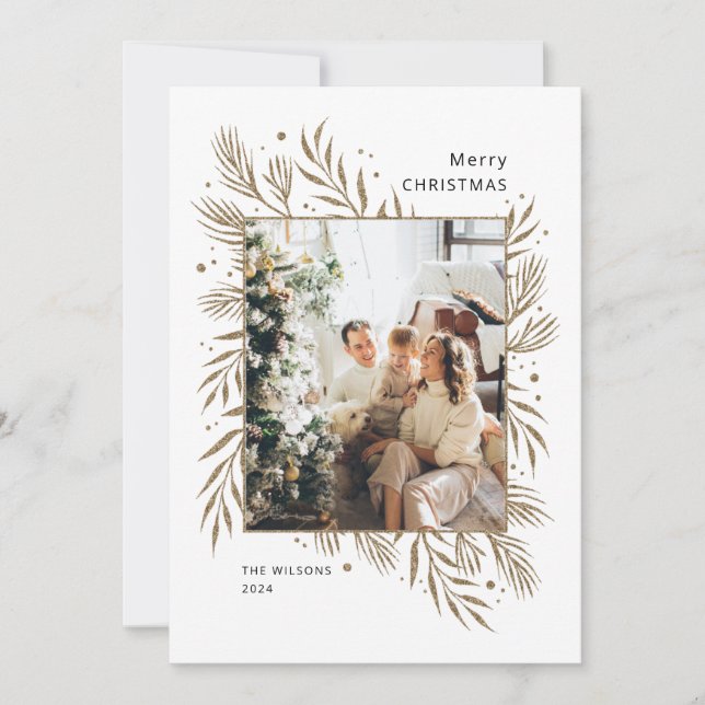 Green Gold Leaves Family Photo Frame Christmas Holiday Card (Front)