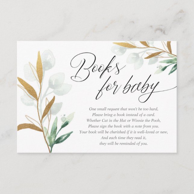 Green gold leaves gender neutral books for baby enclosure card (Front)