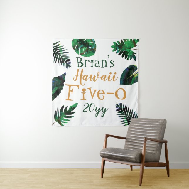 Green, Gold Leaves Hawaii 5-0 50th Birthday Tapestry (In Situ)