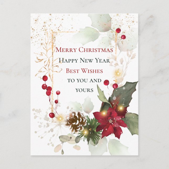 Green Gold Leaves Red Berry Poinsettia Christmas Postcard (Front)