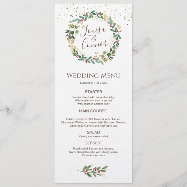 Green Gold Leaves Red Berry Wedding Menu (Front)