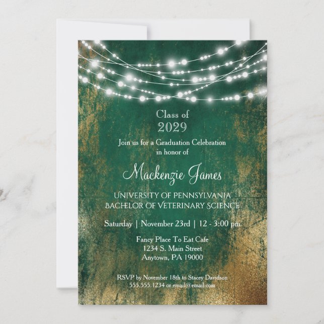 Green Gold Lights Graduation Party Invitation (Front)