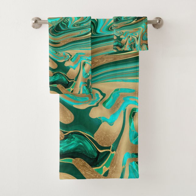 Green & Gold Liquid Marble Bath Towel Set (Insitu)