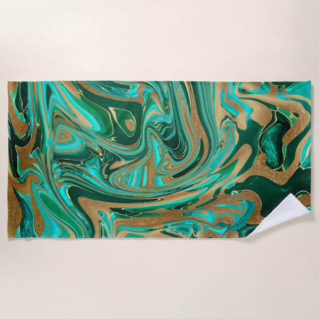 Green & Gold Liquid Marble Beach Towel (Front)