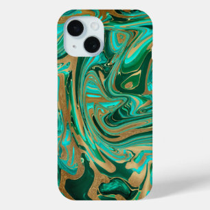 Green & Gold Liquid Marble iPhone 15 Case