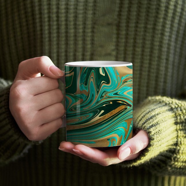 Green & Gold Liquid Marble Coffee Mug (Emerald Green and Gold Paint Pour Mug)