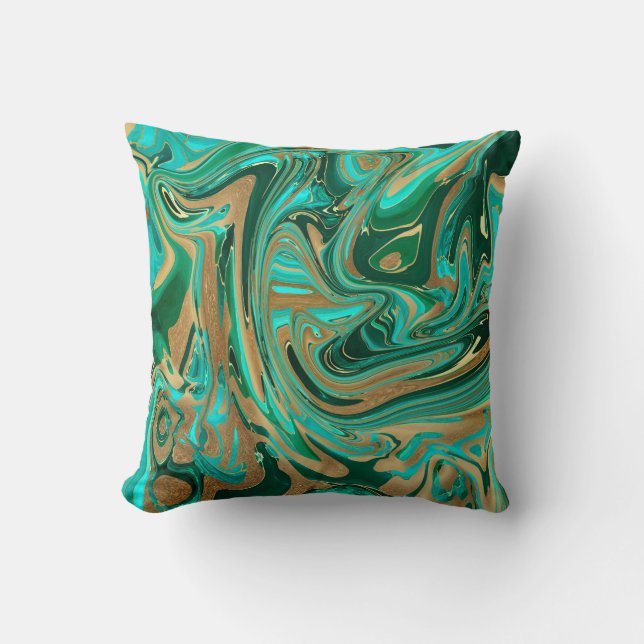 Green & Gold Liquid Marble Cushion (Front)