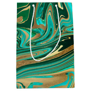 Green & Gold Liquid Marble Medium Gift Bag