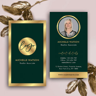 Green & Gold Logo Modern Lawyer Real Estate Photo Business Card