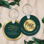 Green & Gold Logo Real Estate Business Promotional Key Ring<br><div class="desc">Promote your business with this custom keychain design in emerald green and gold. Featuring space for your business logo and slogan on the front with your name, job title, contact details and website on the back. The dark green background paired with the faux gold detailing makes for a stylish corporate...</div>