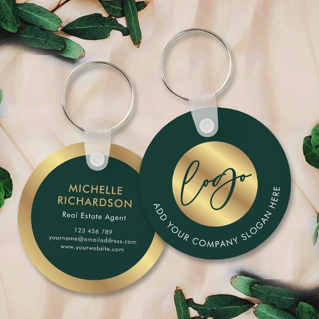Green & Gold Logo Real Estate Business Promotional Key Ring (Emerald greed and gold promotional branded business logo keyring with space for your contact info)