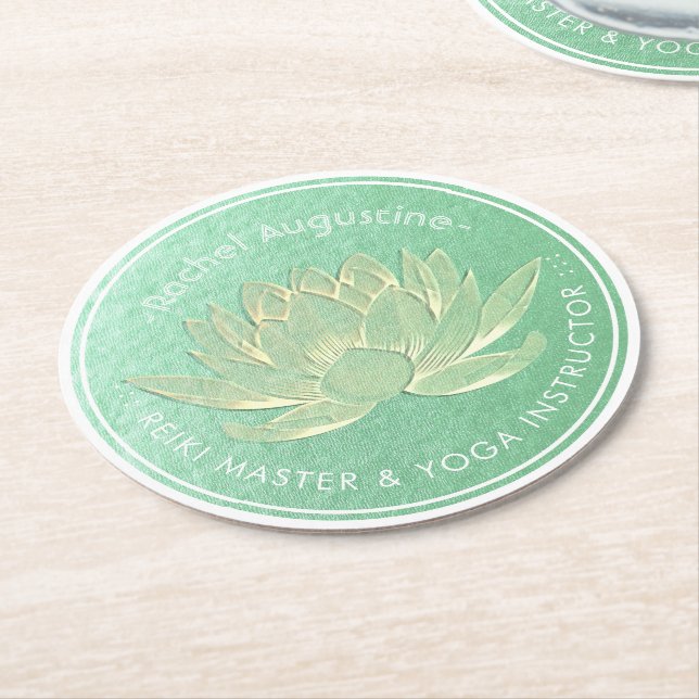 Green Gold Lotus Yoga Studio Meditation Instructor Round Paper Coaster (Angled)